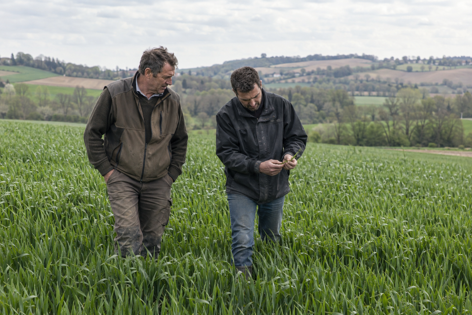 Deux techniciens observent une culture avec un agriculteur